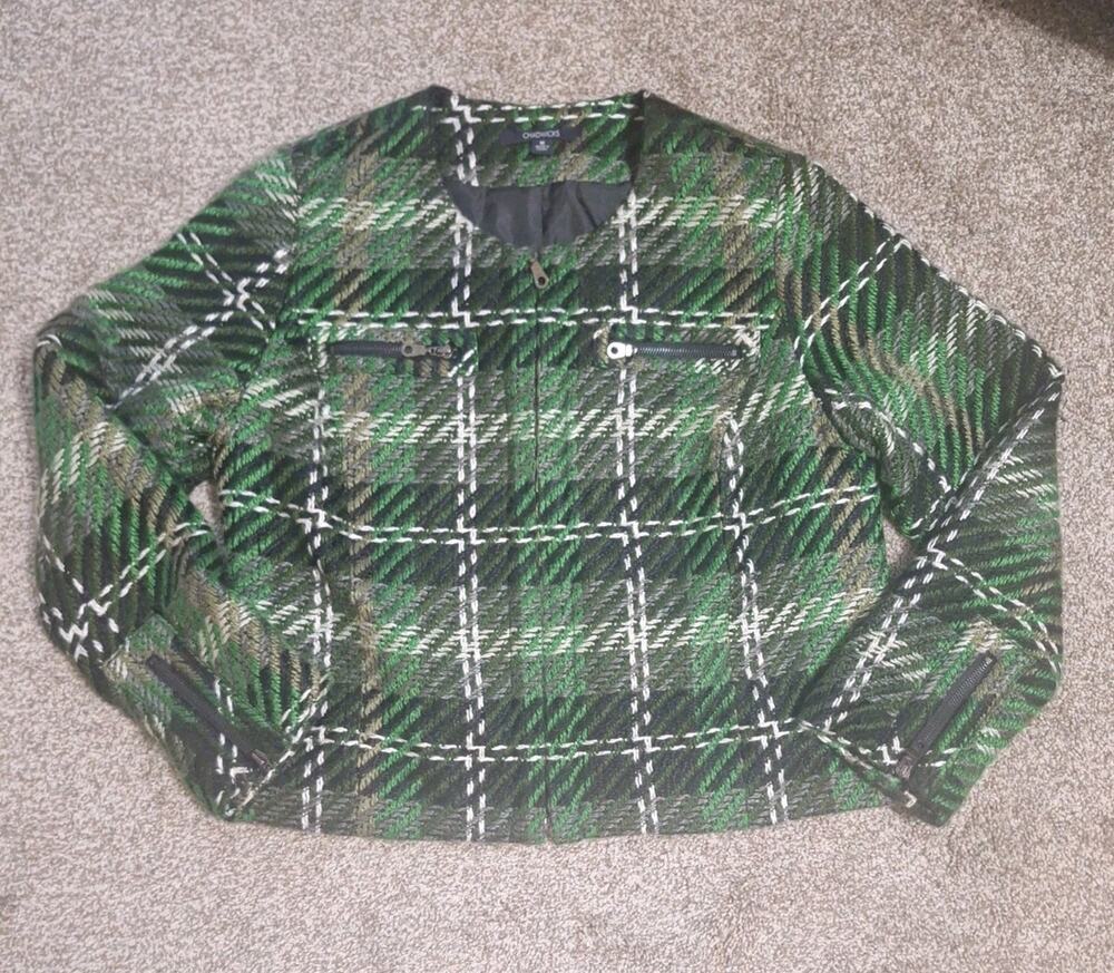Chadwick's Women's Blazer Size 16 Green Plaid Woven Full Zip Jacket Long Sleeve